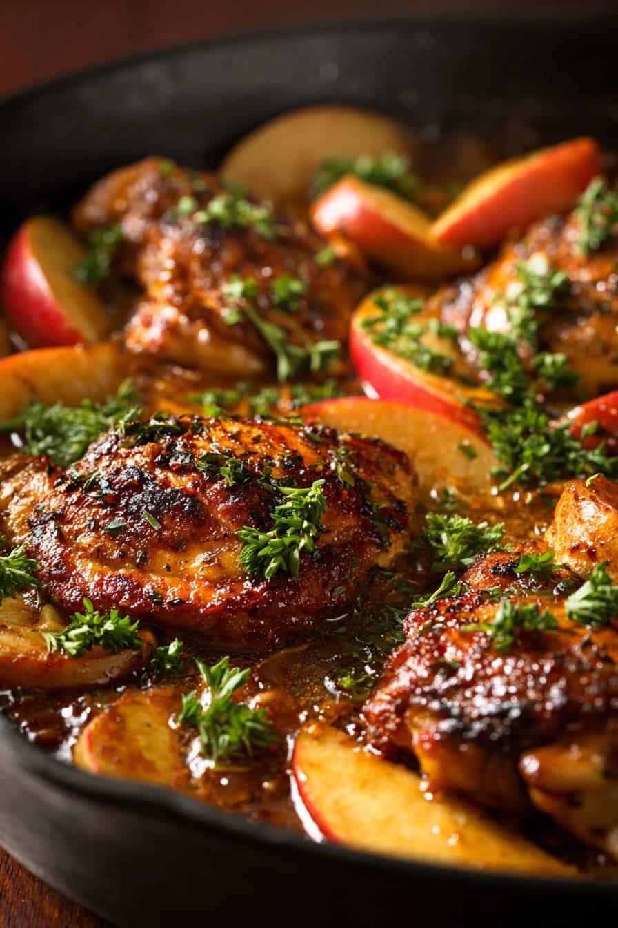 Apple Cinnamon Skillet Chicken sizzling in a skillet with apples and cinnamon
