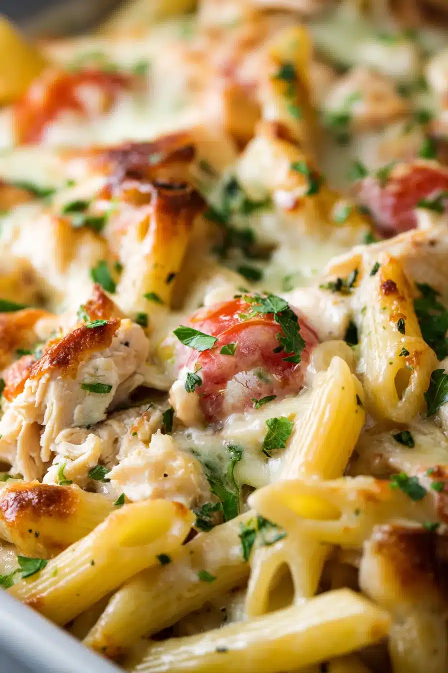 Baked Chicken Alfredo Penne Casserole fresh from the oven