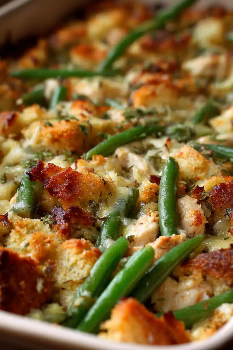Completed Chicken Stuffing Casserole with Green Beans