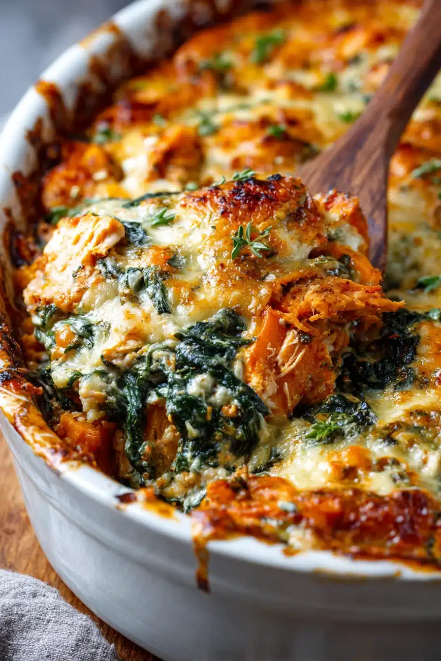 Baked Chicken Sweet Potato and Spinach Dish