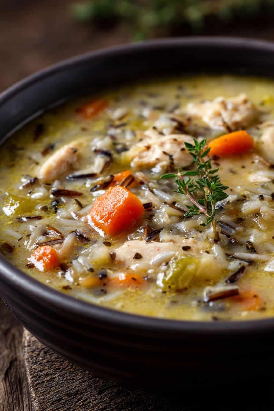 Delicious Chicken & Wild Rice Christmas Soup served in a cozy bowl