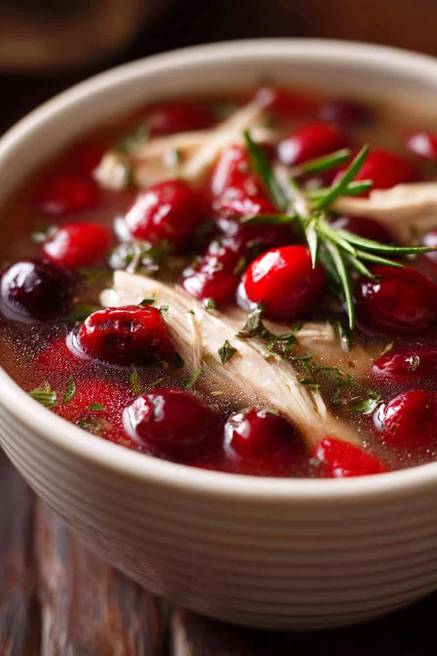 Bowl of cranberry chicken soup garnished with herbs