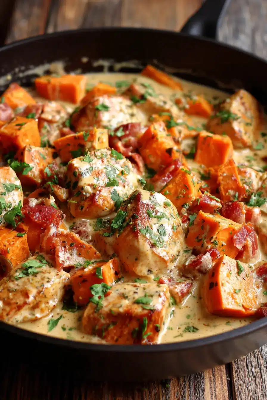 Creamy Chicken Sweet Potato Skillet cooking in a pan