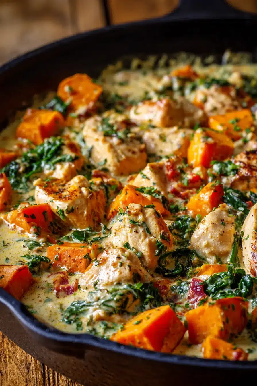 Finished creamy chicken sweet potato skillet in a pan ready to serve