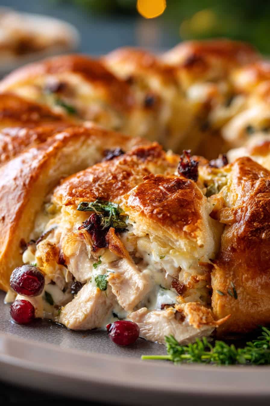 Holiday Chicken Crescent Ring beautifully baked and garnished