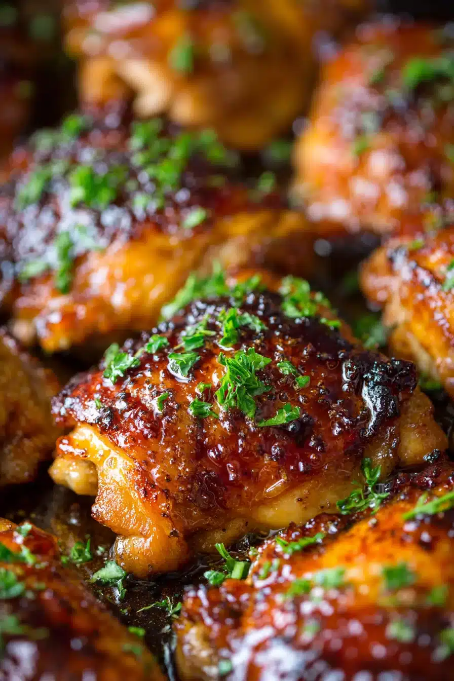 Cooking Sticky Honey Soy Garlic Chicken Thighs in skillet