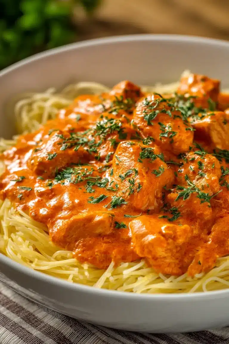 Delicious Creamy Pink Vodka Sauce Chicken Over Angel Hair Recipe